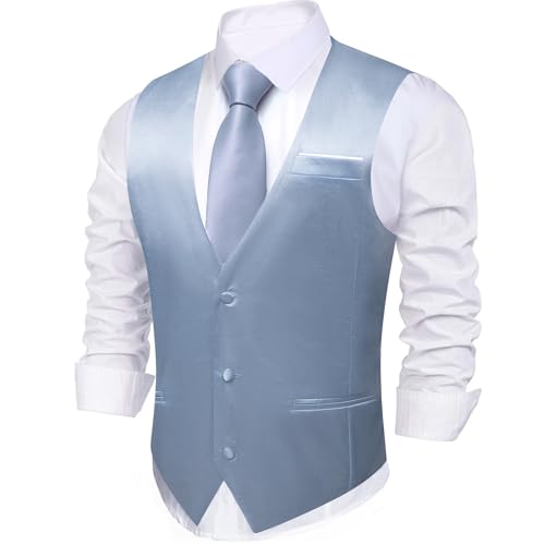 Image of Barry.Wang Vest for Men Business /Leisure Dress Suit Vests V-neck 2 Pockets Wedding Party Tuxedo Satin Waistcoat