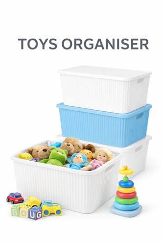 Image of Plastic Storage Box with Lid - Large Stackable Organizer Storage Box for Clothes, Toys, Kitchen - Big Size Plastic Storage Container Basket for Home, Office, Bathroom(Large,3pcs,MultiColor)