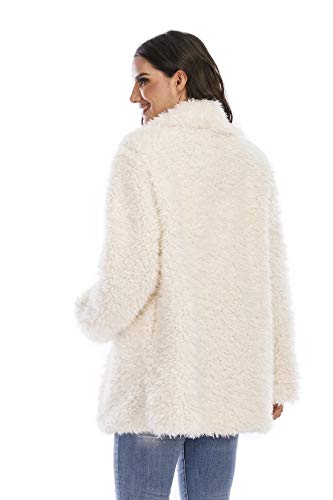 Comeon Women's Fuzzy Fleece Jacket Lapel Open Front Long Jackets Faux Fur Warm Winter Cardigan Coat Outerwear With Pockets (Light Beige,Large) #TOP4