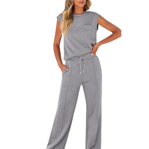 Women's Casual Sleeveless Top and Drawstring Pants 2-Piece Set,Solid Color Round Neck Top Wide Leg Pant Sets3
