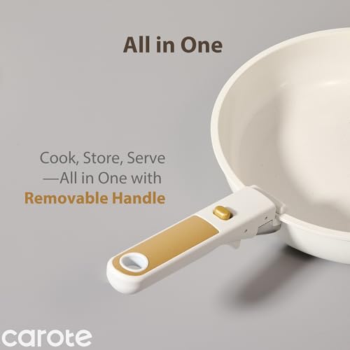 كاروت طقم اواني طهي سيراميك من 6 قطع بمقبض قابل للفصل، مقلاة ومقلاة مع اغطية، مجموعة طهي صحية غير لاصقة خالية من PFAS، متوافقة مع جميع مواقد المطبخ، امنة للاستخدام في غسالة الصحون (لون كريمي)