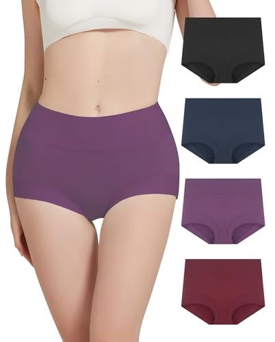 Bobelle Wear Boxershorts Damen Hohe Taille Unterhosen Baumwolle Weich Slips Atmungsaktiv Panties Hipster Unterwäsche Frauen 4er Pack (Multicolor01, XL)