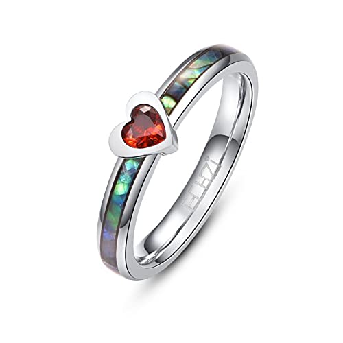Abalone Shell Inlay Stainless Steel Rings Dainty Love/Heart Band Wedding red Cubic Zirconia Cz 3mm Ring for Women Her Teens Girls Girlfriend Size 6 to 10