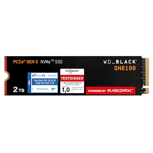 WD_Black SN8100 2 TB PCIe 5.0x4 NVMe M.2 SSD (Lesegeschwindigkeiten von bis zu 14.900 MB/s, Schreibgeschwindigkeiten von bis zu 14.000 MB/s, TLC 3D CBA NAND) - Powered by SANDISK