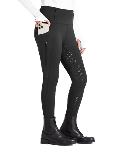 Fitst4 Sports Girls Full Seat Riding Tights High Waist Kids Equestrian Breeches Horse Schooling Pants Zipper Pockets Black Size M cover