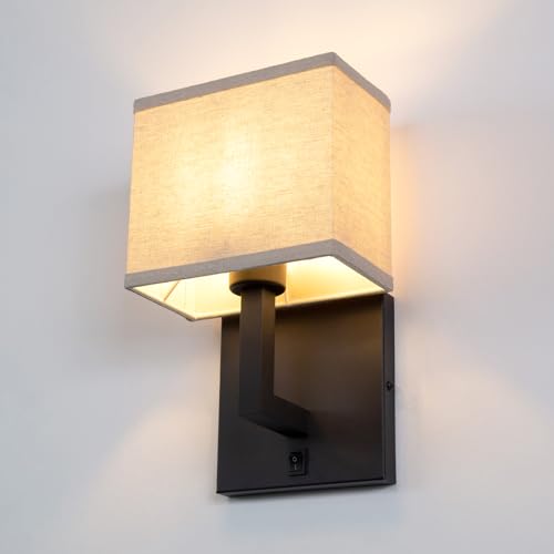 Yosoan Boho Fabric Wall Sconce with On Off Switch, 1-Light Brass Hardwired Vanity Retro Indoor Vintage Industrial Wall Mount Lamp Fixture Lighting for Bedside Living Room Stairwell Hallway Home(Black)
