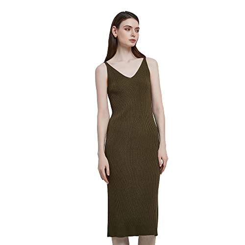 Image of Women's Sleeveless Sweater Dress Knit Slim V Neck Bodycon Midi Stretchable Elasticity Slim Fits