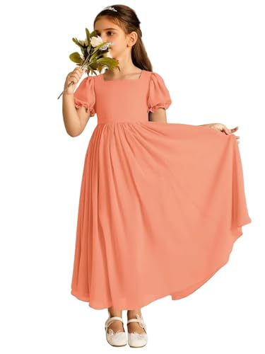 Chiffon A-line Junior Bridesmaid Dress with Bow Short Sleeve Long Flower Gir Dresses for Wedding