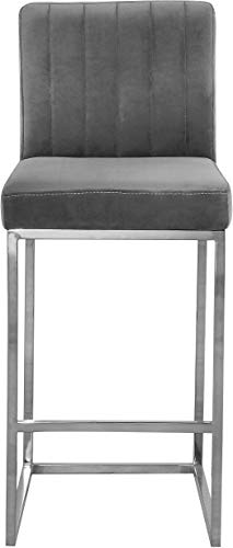 Meridian Furniture Giselle Collection Modern | Contemporary Velvet Upholstered, Channel Tufted Counter Stool With Polished Chrome Metal Base, 16" W X 19" D X 37.5" H, Grey #TOP5