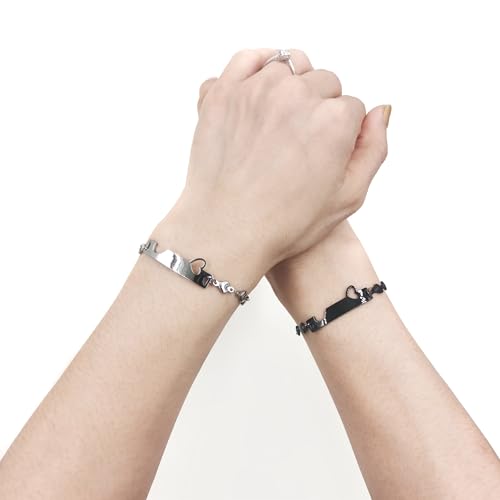 Image of 2 Couple Bracelets for men women, Love /Koi Fish /Gossip Jigsaw Puzzle Stainless Steel Heart-shaped Chain Adjustable Bracelet for Boyfriend Girlfriend Valentine's Day Gift Jewelry