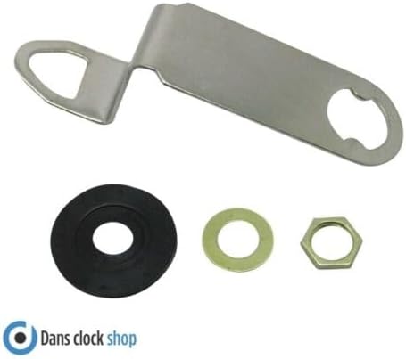 Clock fittings including black rubber washer, gold metal washer, hex nut, and metal hanger