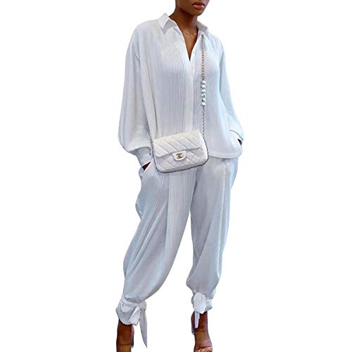 Abiti-2-Pezzi-Donna-Autunnali-Camicia-Maniche-Lunghe-con-Risvolto-a-Coste-Tinta-Unita-Completo-Pantaloni-Lunghi-Nero-Verde-Bianco-Blu-Poliestere-Suit