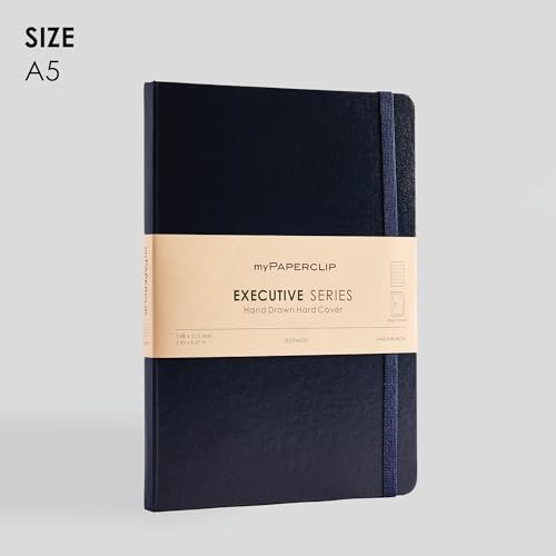 Image of myPAPERCLIP Executive Series A5 Ruled Notebook | 192 Pages, 80 GSM, Hard Cover, A5 (5 .83 x 8.27 in) | Flat Lay | Bookmark, Elastic Closure & Back Pocket | Blue