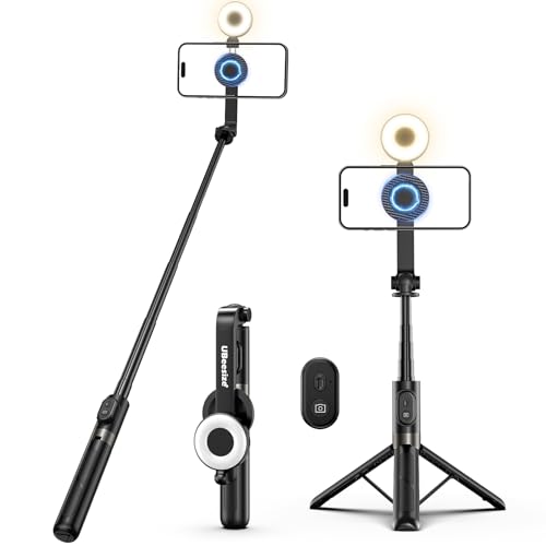Image of UBeesize Magnetic Selfie Stick Tripod with Dimmable Light and Rechargeable Remote, Portable Travel Phone Tripod Stand for MagSafe and Android Phones, Ideal for Vlogging, Photos, Video Recording