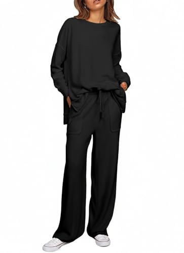 ETCYY NEW Lounge Sets for Women 2 Piece Outfits with Side Split Sweatshirt Tops and Wide Leg Sweatpants