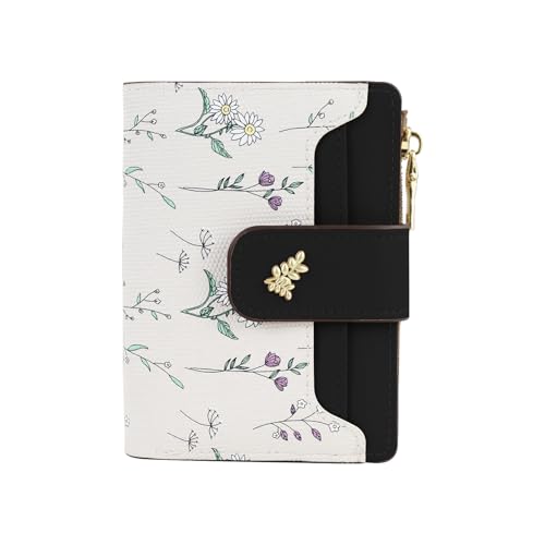 Small Wallets for Women,Cute Floral Women Card Holder Wallet with Snap Zipper PU Leather Bifold Wallet for Daily Shopping Traveling (Black)