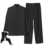 Kung Fu Uniform, Chinese Traditional Tai Chi Uniform with Standing Collar and Buckle, Breathable Cotton Martial Arts Pants and Long Sleeved Shirt for Unisex, XL