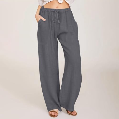 Linen Pants Women Summer High Waisted Drawstring Wide Leg Palazzo Pants Casual Flowy Boho Beach Pants with Pockets2
