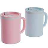 Copco Iconic 16oz Double Wall Insulated Desk Mug with Lid and Handle, Set of 2, BPA-Free Reusable Plastic, Spill-Proof, Microwave & Dishwasher Safe, Wide Mouth, Cup Holder Friendly (Light Blue/Pink)
