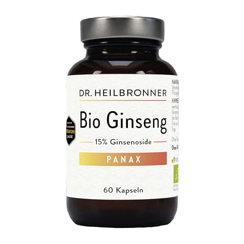 Dr. Heilbronner Bio Panax Ginseng - hochdosierter Wurzelextrakt - 60 Kapseln in der Glasflasche - Vegan