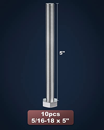 Image of 5 /16-18 x 5 inch (1 /2 to 6 inch Optional) Hex Head Screw Bolt, Stainless Steel 18-8(304), Fully Threaded,10pcs