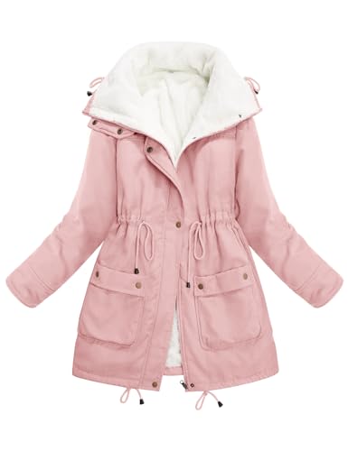 Yuson Girl Abrigo Mujer Invierno Rebajas Chaqueta Mujer Forro Polar Cálido Largo Parka Manga Larga Cremallera Abrigos Térmico Viento Jacket de Piel Cardigans con Bolsillos y Cordón(Rosa, L)