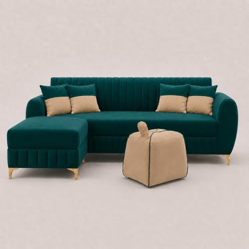 Image of CASASTYLE Signature Velour 4-Seater L-Shape Sofa Set with Movable Ottoman & Suri Pouf | Flexible LHS /RHS Layout | Boston Fabric | 40D Foam + Zigzag Spring | 3-Yr Warranty (Ocean Green, Sand Beige)