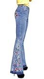 CHARTOU Womens Chic Floral Embroidered High-Rise Bell Bottom Flare Jeans Broad Feet Long Denim Pants (Blue, X-Large)