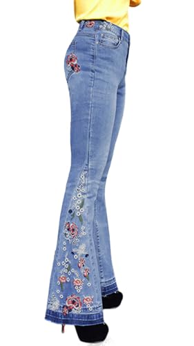 CHARTOU Womens Chic Floral Embroidered High-Rise Bell Bottom Flare Jeans Broad Feet Long Denim Pants (Blue, Large)