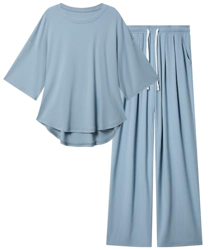 difficort Womens 2 Piece Outfits Batwing Short Sleeve Lounge Sets Wide Leg Workout Sets Loungewear Tracksuits with Pockets
