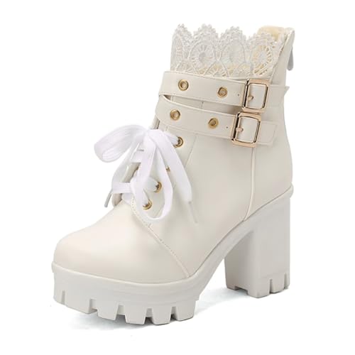Goth Platform Boots with Lace, Buckle, Zipper, White, 6