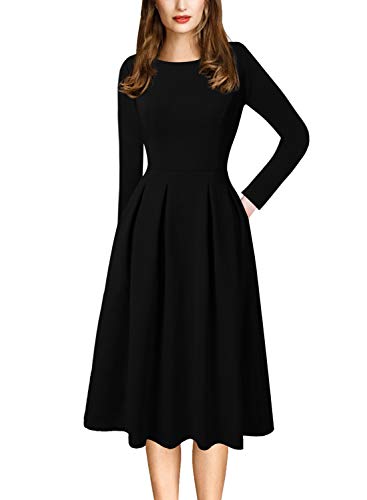VFSHOW Womens Solid Black Spring Fall Winter Elegant Pockets Pleated Work Office Business Casual A-Line Dress 3575 BLK XL