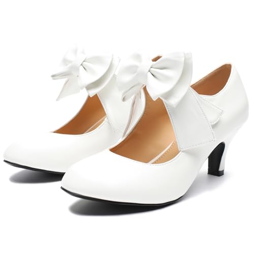 Women's Bow Mary Jane Kitten Heel Round Toe Low Heels Ankle Strap Dress Evening Party Pumps2