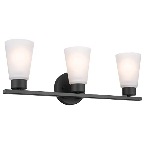 Image of Kichler Stamos 3-Light Bathroom Vanity Light Fixture with Satin Etched Glass Shades, 22 in Modern Wall Light in Black for over Mirror (22 in x 5 in x 8 in), 52608BK