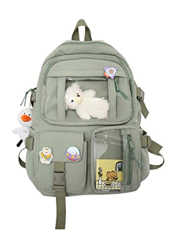 YAQUNICER Kawaii Daypacks Cute Bear and Duckling Pendant Backpack Large Capacity-Green