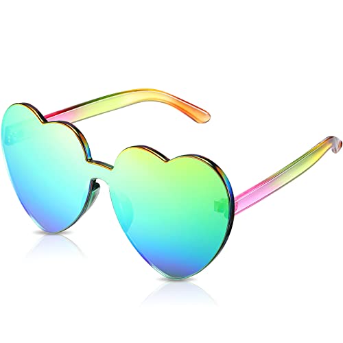 Maxdot Heart Shape Sunglasses Rimless Transparent Heart Glasses Party Favors (Holographic Coating Green)