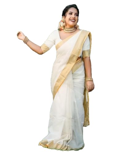 VJ Fashion Kasavu White Plain Cotton Saree With Piece_freesize Blouse For Women, White, One Size