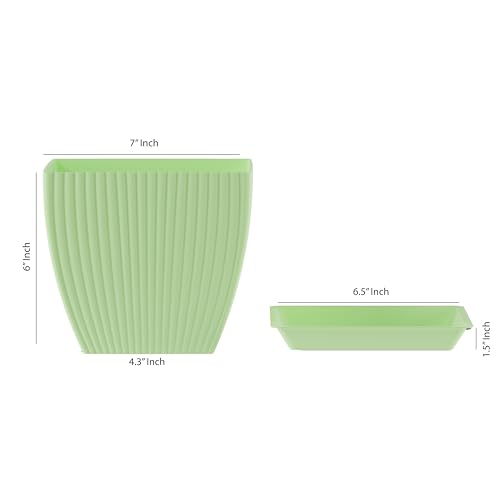 Image of ELUVIA 7-inch Square Planters with Saucers (Set of 5) - Modern Fluted Flower Pots with Drainage Holes and Trays - Premium Plastic Indoor Outdoor Plant Pots for Succulents, Flowers (Pista)