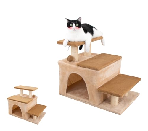 Hapineko(ハピネコ)3in1 キャットタワー ミニ 猫 犬 ステップ 段階 ハウス 爪とぎポール ボール スタイル調整可能 シニア猫/子猫/小型犬対応 ジャンプの苦手な猫ちゃん 密度UP30% MDF板採用 省スペース コンパクト 高さ48CM (