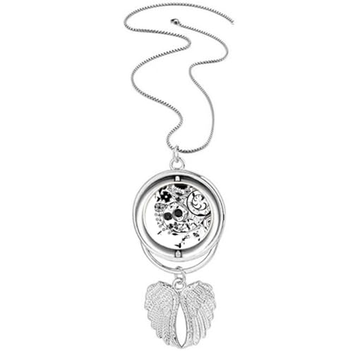 Collier avec pendentif rotatif ailes d'ange et motif fleur noir et blanc