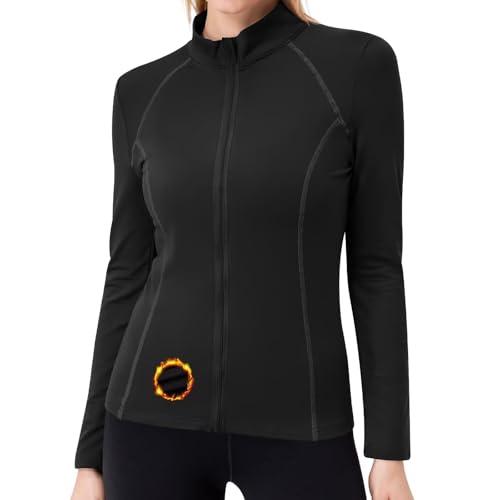 TERODACO Thermal Tops Womens Long Sleeve Full Zip Sports Jacket Womens Warm Quick Dry Ladies Base Layer for Skiing Running Gym,Stretchy UPF50+ Seamless UFO03 Black S