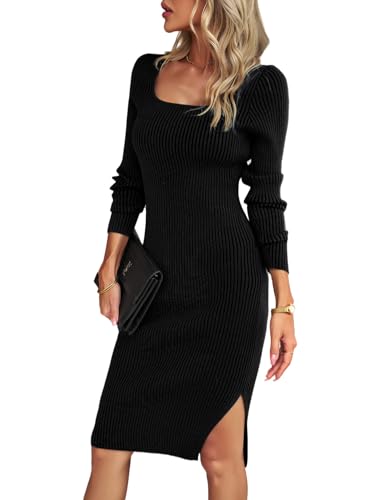 HUXRAKV Vestido de Punto para Mujer, Cuello Cuadrado, Mangas Largas, Color Sólido, Corte Favorecedor, Midi Vestido Suéter para Otoño e Invierno,WD41-Negro, XL