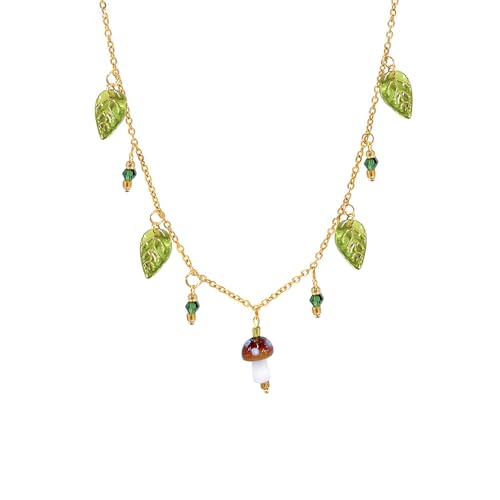 Mushroom Green Leaf Choker Necklace for Women Glass Glaze Red Mushroom Charm Pendant Necklaces Adjustable Chain Fashion Jewelry for Holiday