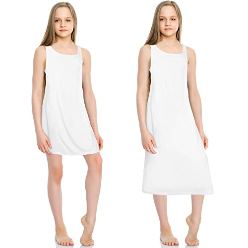 Mepase 2 Pcs Girls Slips for Under Dress Tea and Knee Length Princess Cotton Nylon White Slips with Adjustable Straps