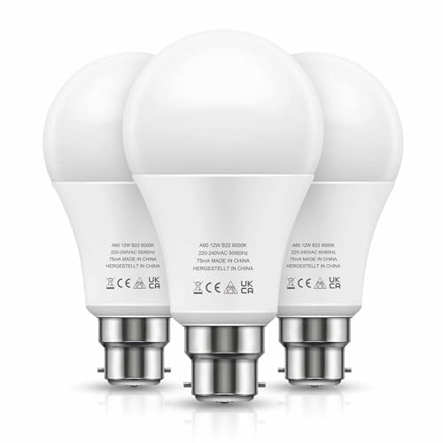 LOHAS-LED 100W Equivalent Cool White LED Light Bulbs, 12W B22, 6000K, 1100LM, 3 Pack