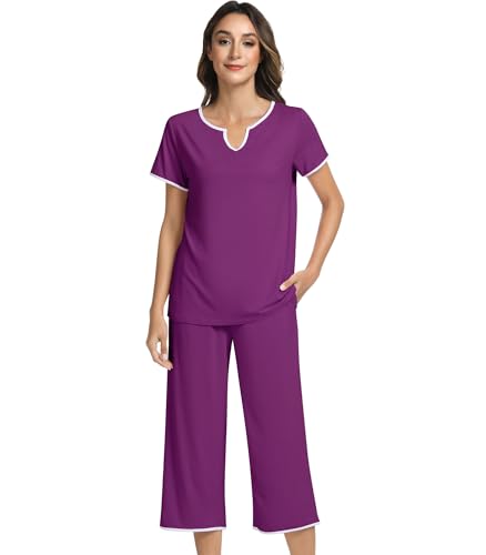 Image of NACHILA Women's Pajamas Set-Viscose Made from Bamboo,Short Sleeve Sleepwear Soft Pjs with Capri Pants Loose Loungewear
