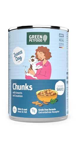 Green Petfood Chunks mit Insekten (12 x 400 g) | Adult | Premium Nassfutter in cremiger Soße für ausgewachsene Hunde auf Insekten- & Sojabasis | getreidefrei | für gesunde Haut & Fell | 12er Pack