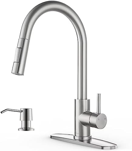 Kitchen Faucet with Soap Dispenser, APPASO Kitchen Faucet with Pull Down Sprayer, Brushed Nickel Kitchen Sink Faucets with Sprayer, Modern Kitchen Faucet for RV Bar Sink, Durable Stainless Steel