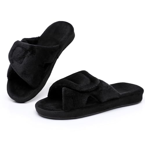 Git-up Women's Adjustable Diabetic Slippers Memory Foam House Shoes Cozy Arch Support Orthotic Heel Cup Arthritis Edema Slippers Non Slip Rubber Sole, Open Toe Fuzzy Slide Sandals for Ladies