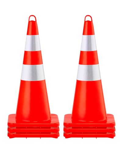 VEVOR Cono de Tráfico Reflectante 73 cm, Pedestal de Obra de PVC, Cono de Seguridad con Base Pesada y Anillo Portátil para Demarcación de Estacionamiento Carretera, Naranja y Plata